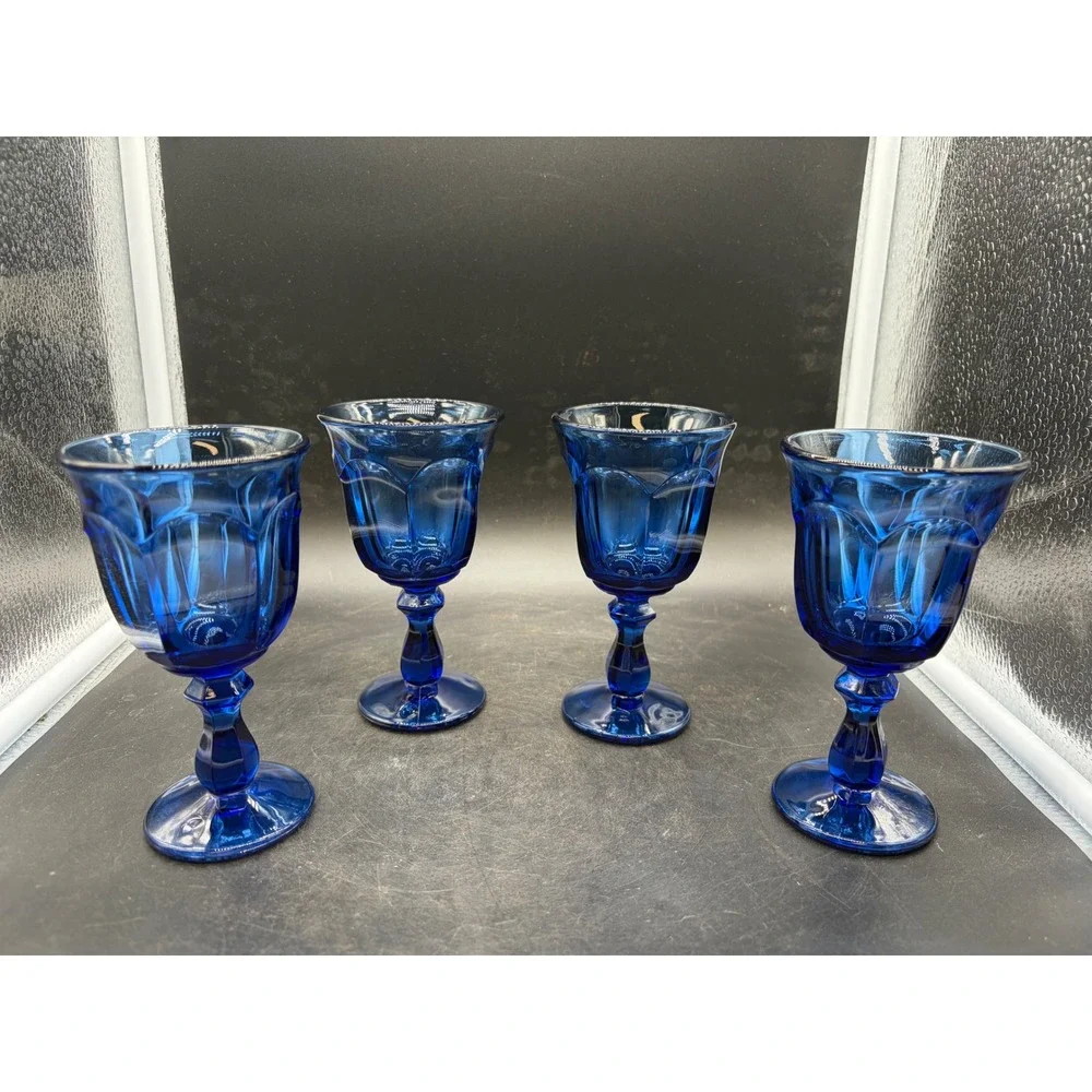 Vintage Cobalt Blue Glass Goblets Set of 4 Paneled Water Wine Glasses 5.5 inch